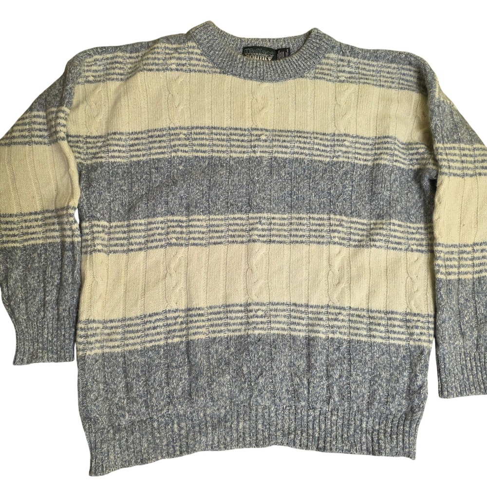 WALLACE COUNTY Men's XL Blue Wool Blend Sweater Chunky Cable‎ Knit Fishermancore